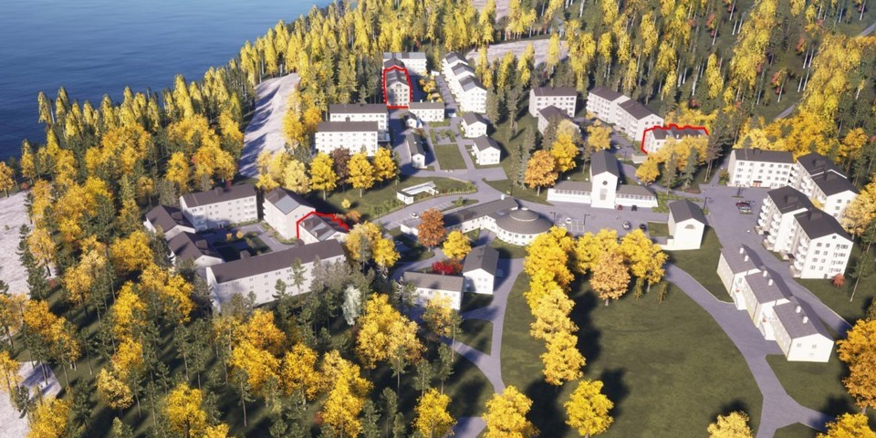 En flygbild över ett tre områden med vita flerbostadshus i en skog med höstfärger. Illustration.